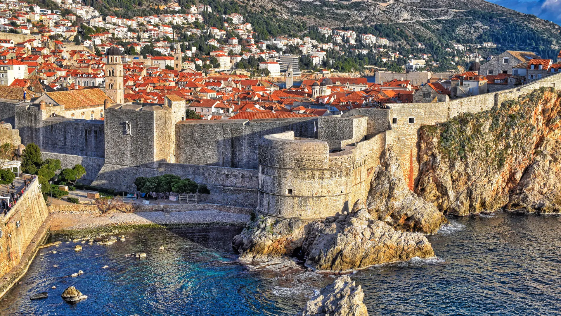 View of a historic town and a beach sea