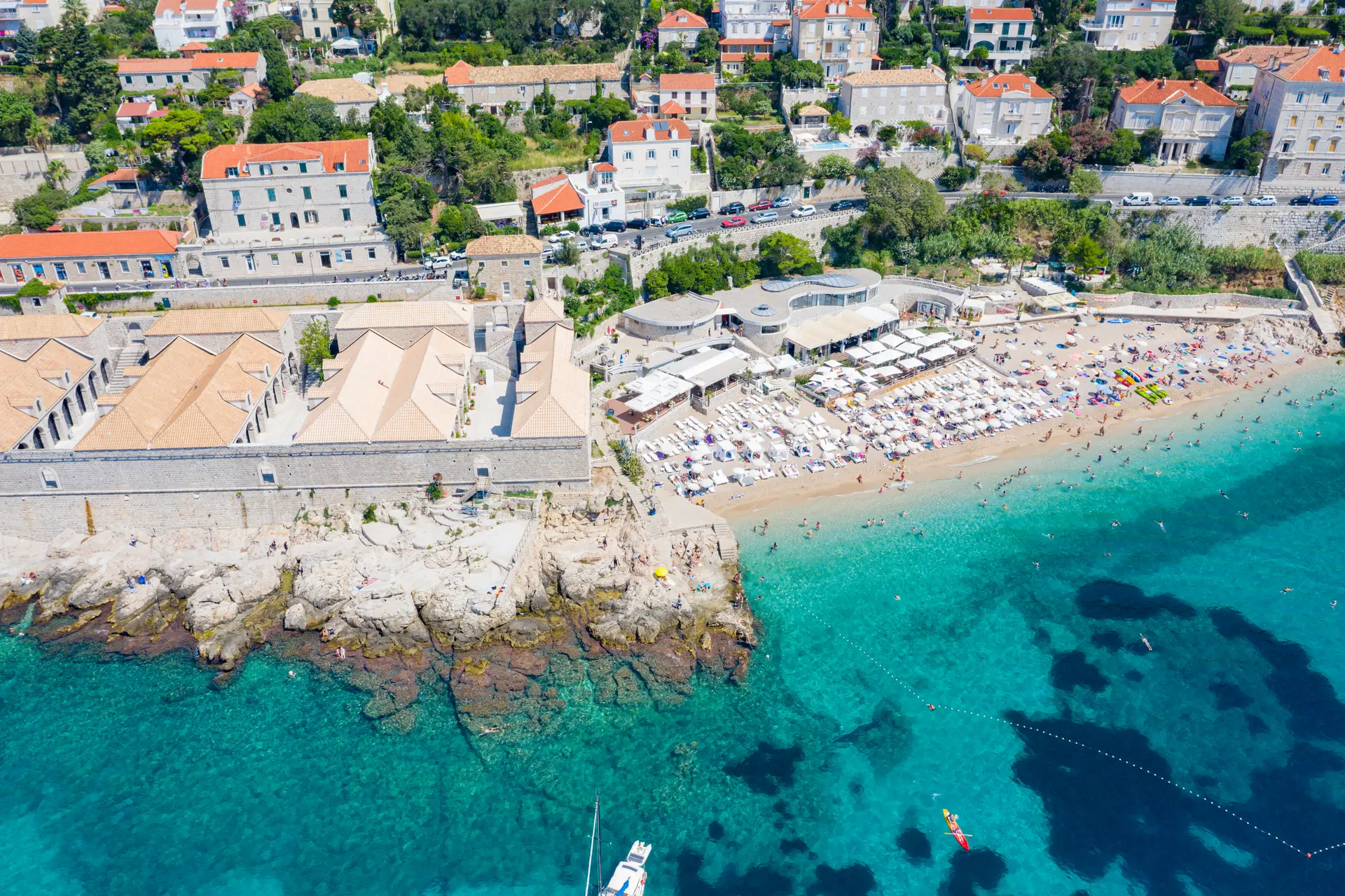 Aerial view of beach and town