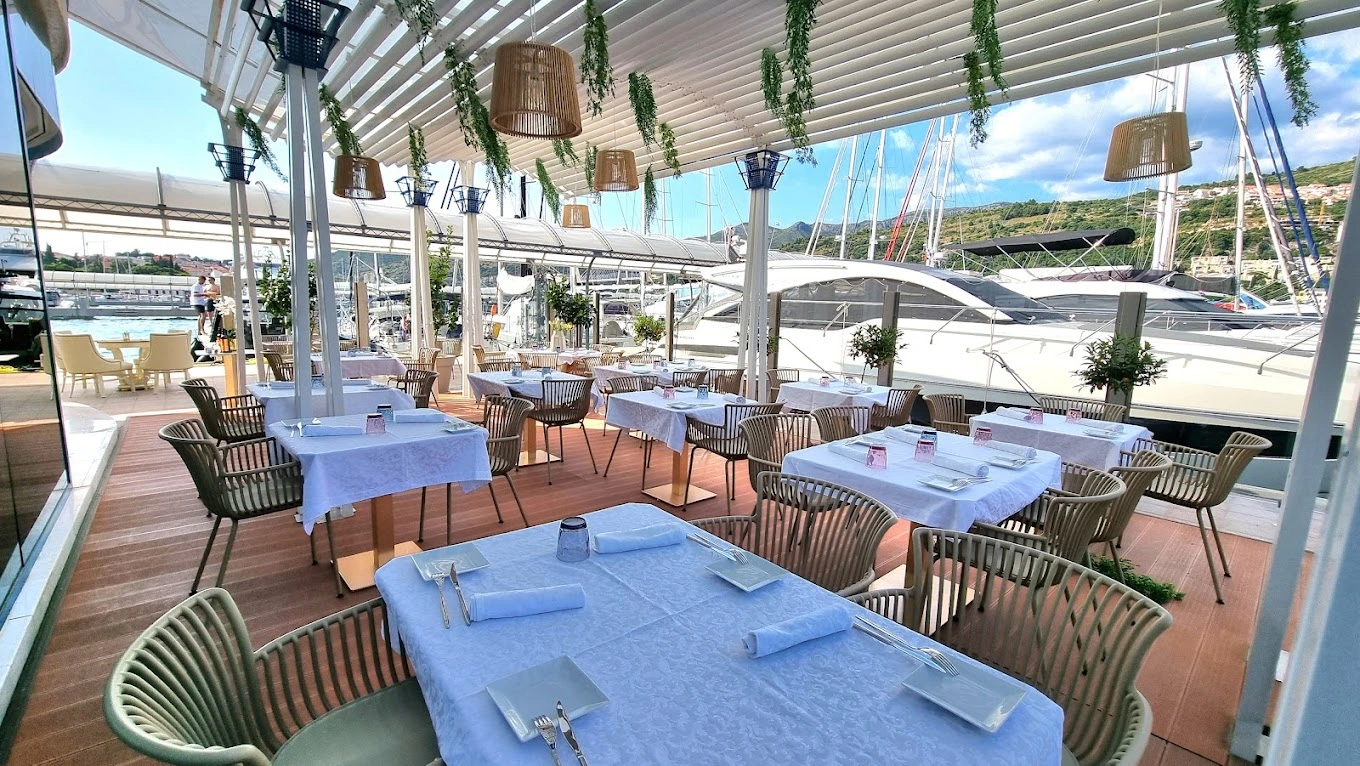 outdoor terrace of a restaurant at the harbour