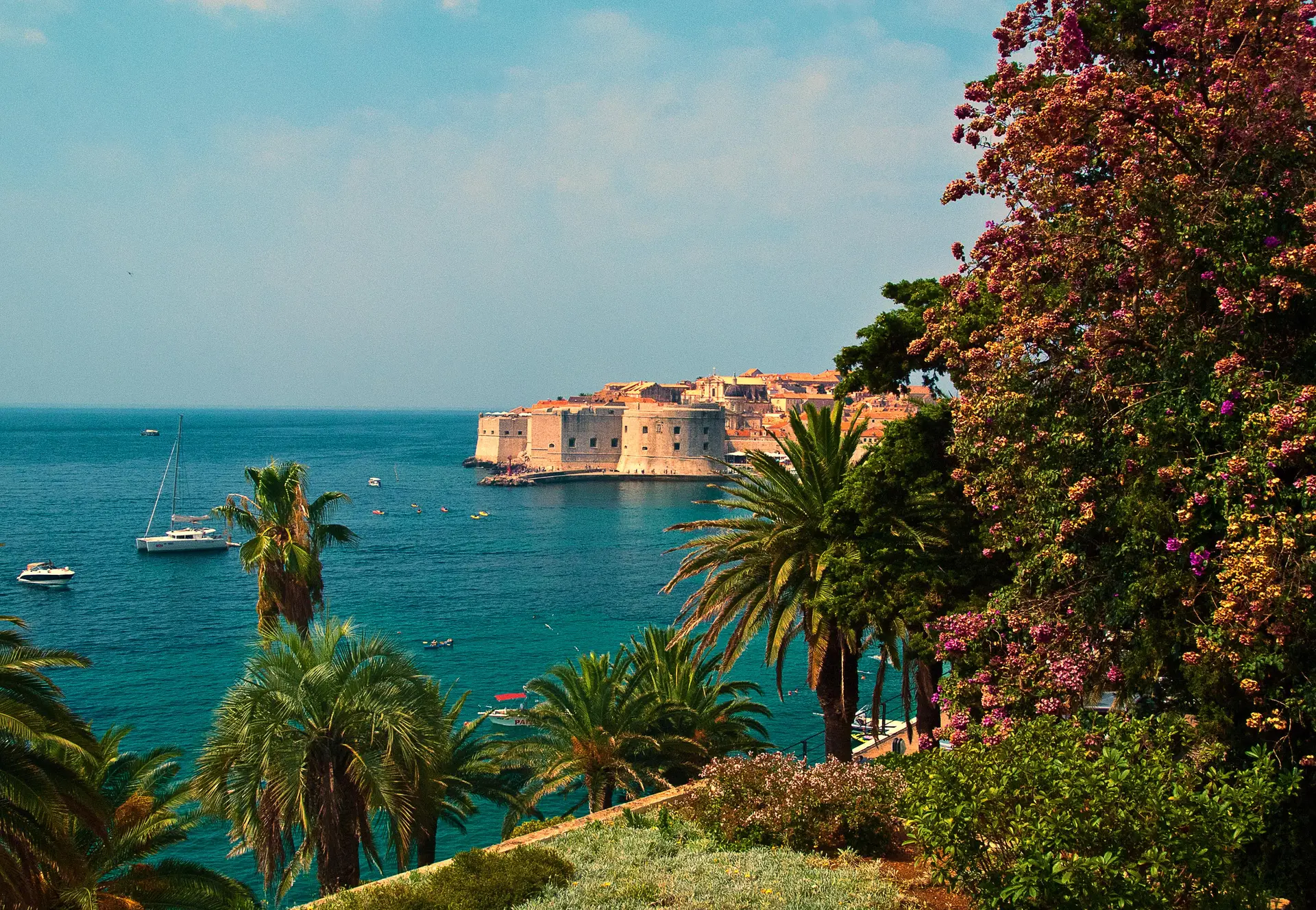 Panoramic view of ancient city walls and sea