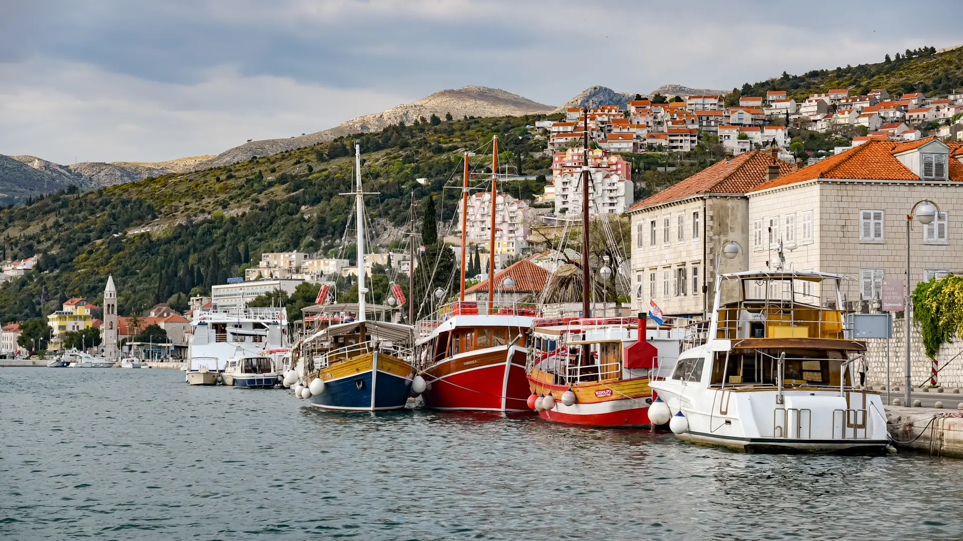 A harbour in a town with houses in behind