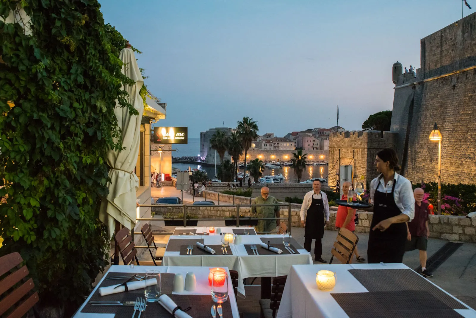 terrace of a restaurant with a view of a town