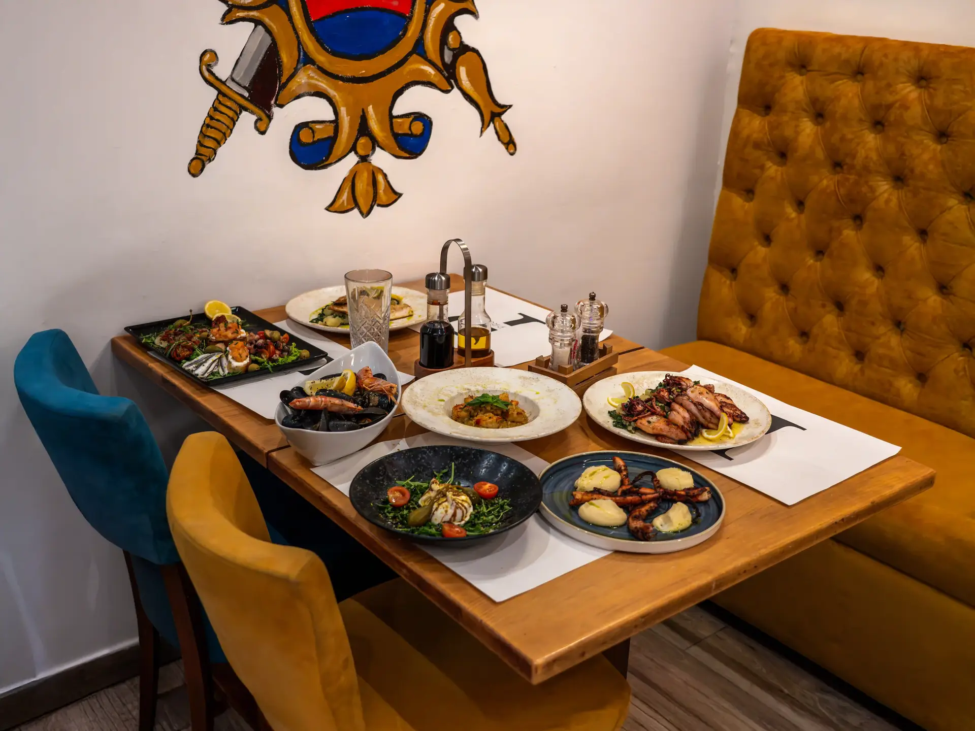 table with different types of dishes an a restaurant